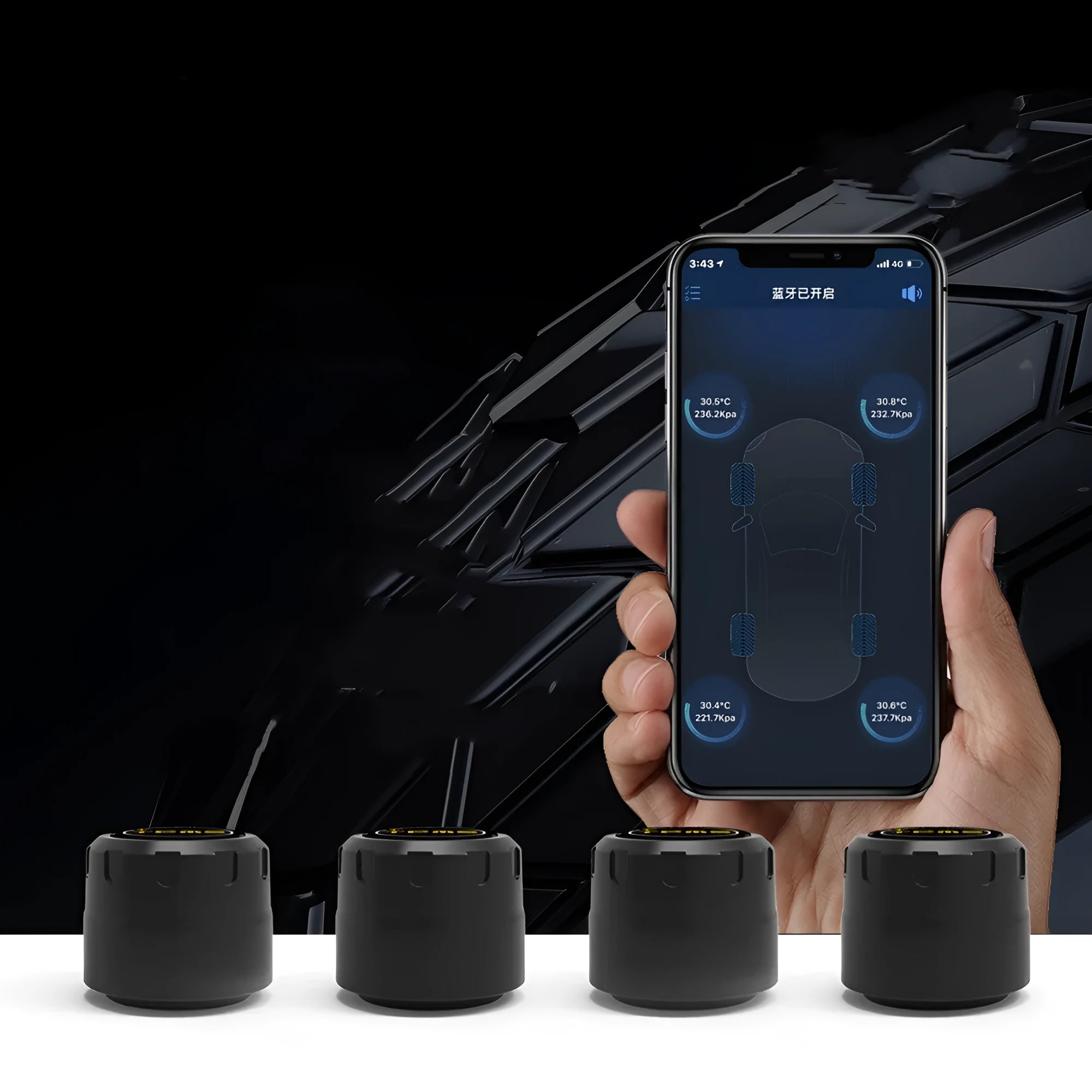 Four black Bluetooth tyre pressure sensors with wrench and anti-theft screws for vehicle installation
