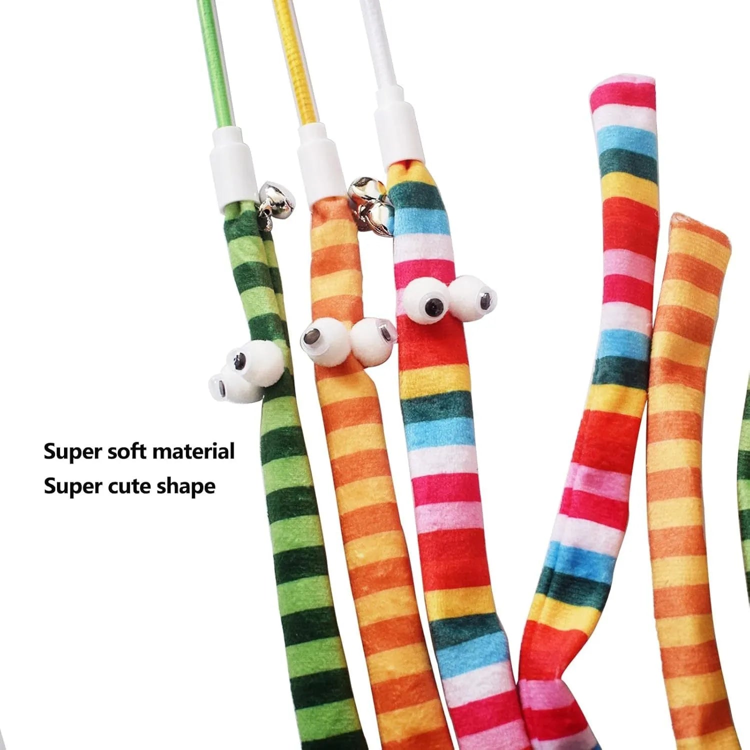 Colourful cat wand toy with polycarbonate handle and long plush strip for interactive feline play