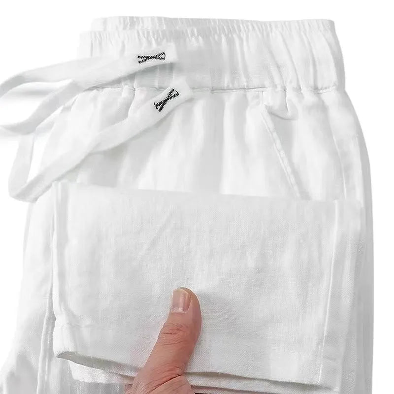 Pure linen Chinese style Li Gao trousers with elastic drawstring waist in a straight leg cut.