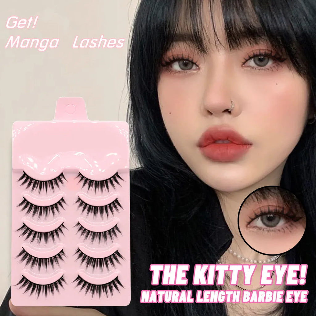 Five pairs of natural wispy false eyelashes on a card for manga anime cosplay and Korean style makeup.
