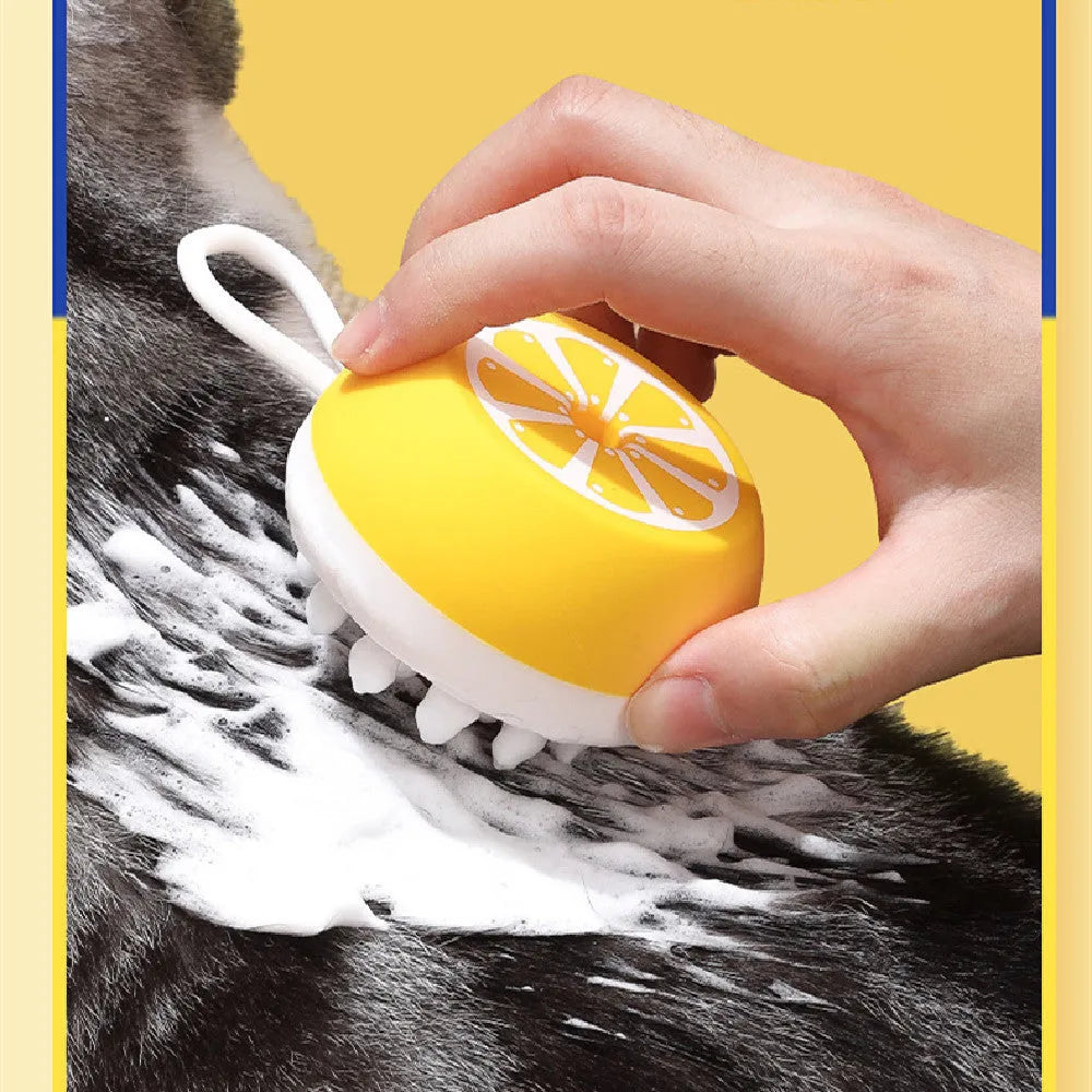 Pet grooming brush with 2-in-1 design showing massage head and comb teeth in soft silicone construction