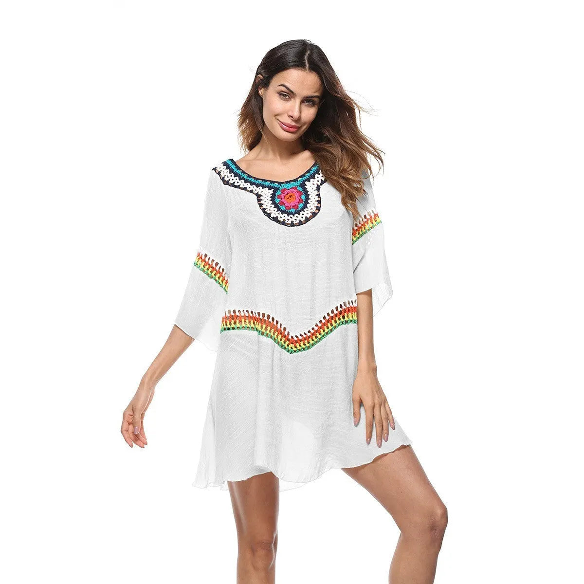 Crocheted ethnic style beach sun protection clothing for women in white, black, blue or apricot