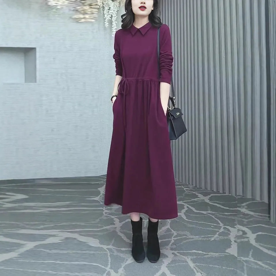 Purplish red women's long sleeve maxi dress with urban style design for autumn and winter wear