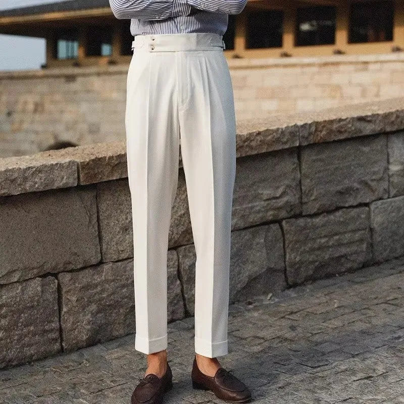 Men's slim fit straight cut suit trousers in polyester blend fabric