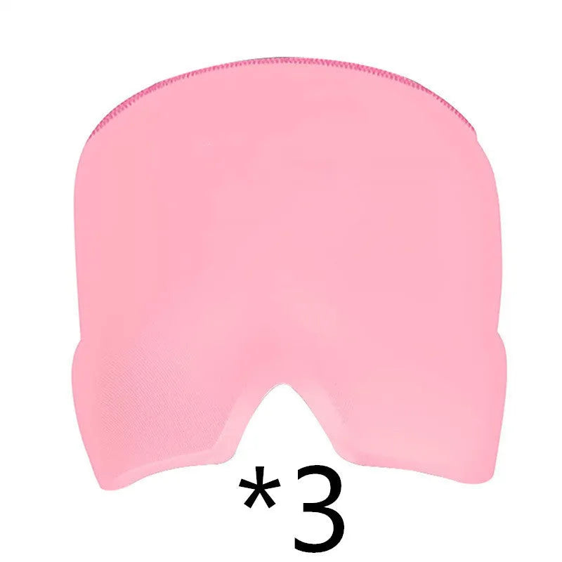 Black elastic cloth gel cold therapy eye mask for headache relief on grey background.