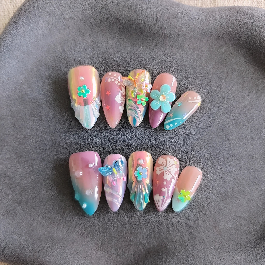 Handmade colourful sculpture manicure set with embossed flower and butterfly designs for gel nail art