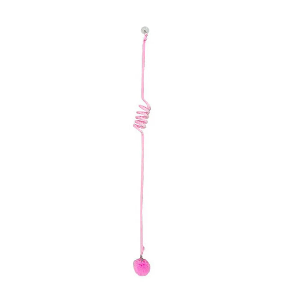 Colourful cat toy with spring bell stick and inflatable ball attached to a door by a suction cup