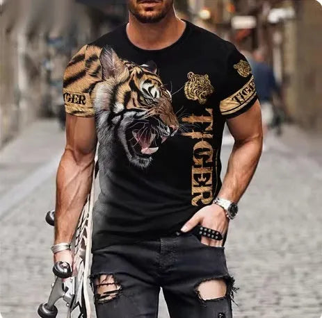 Men's black t-shirt with a detailed 3D fierce lion print on the front