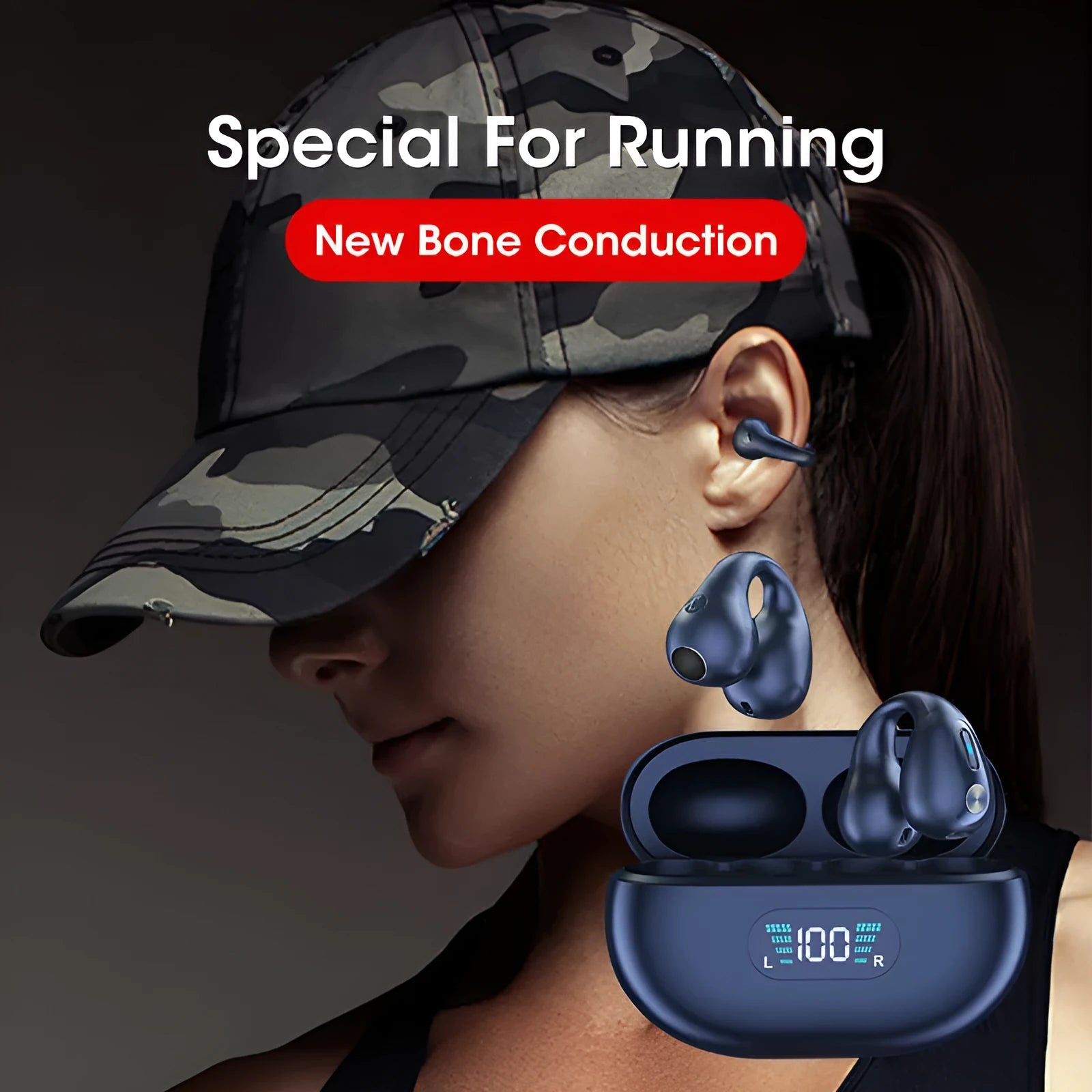 Bone conduction Bluetooth headset clip in black, white, or khaki colours with ear clip design
