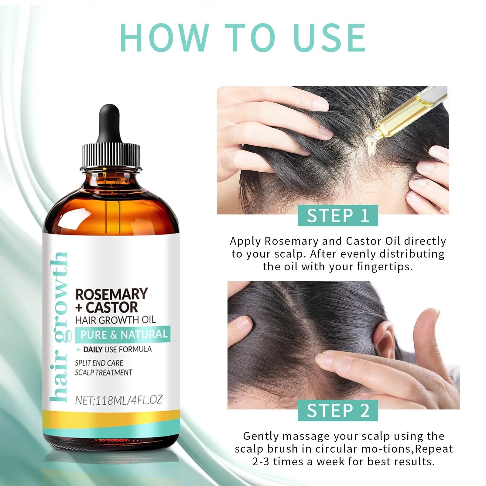 118ml bottle of bright yellow hair treatment oil with a separate massage brush on a white background.