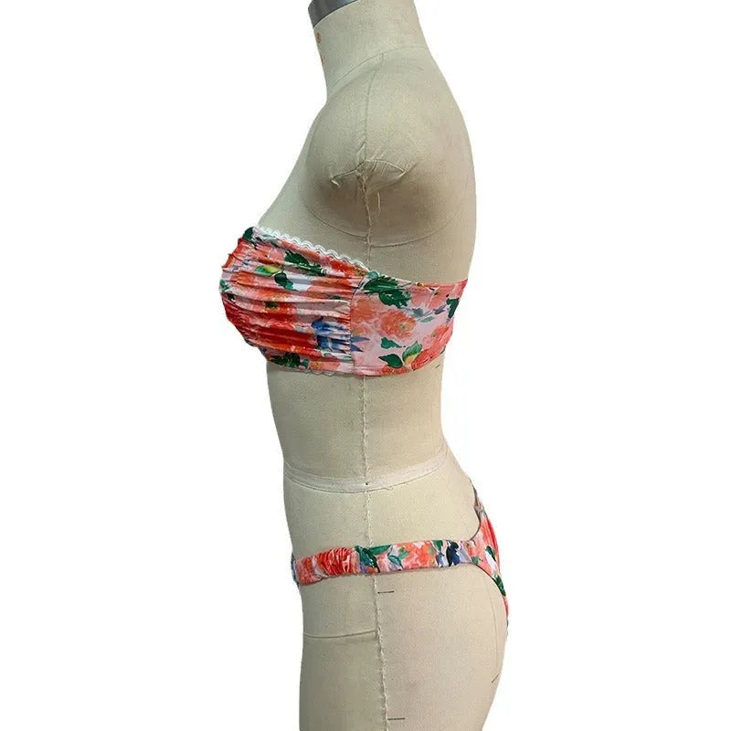 European and American style printed tube top bikini set with lace detailing and floral patterns