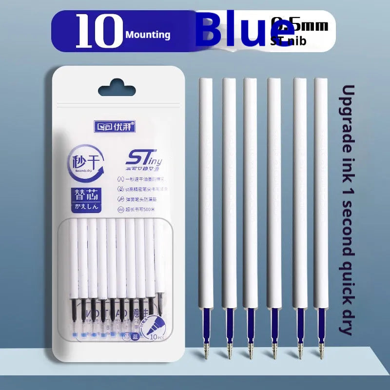 Quick-drying ballpoint pen refill with 500m writing length in black, red, blue, and ink blue colours.