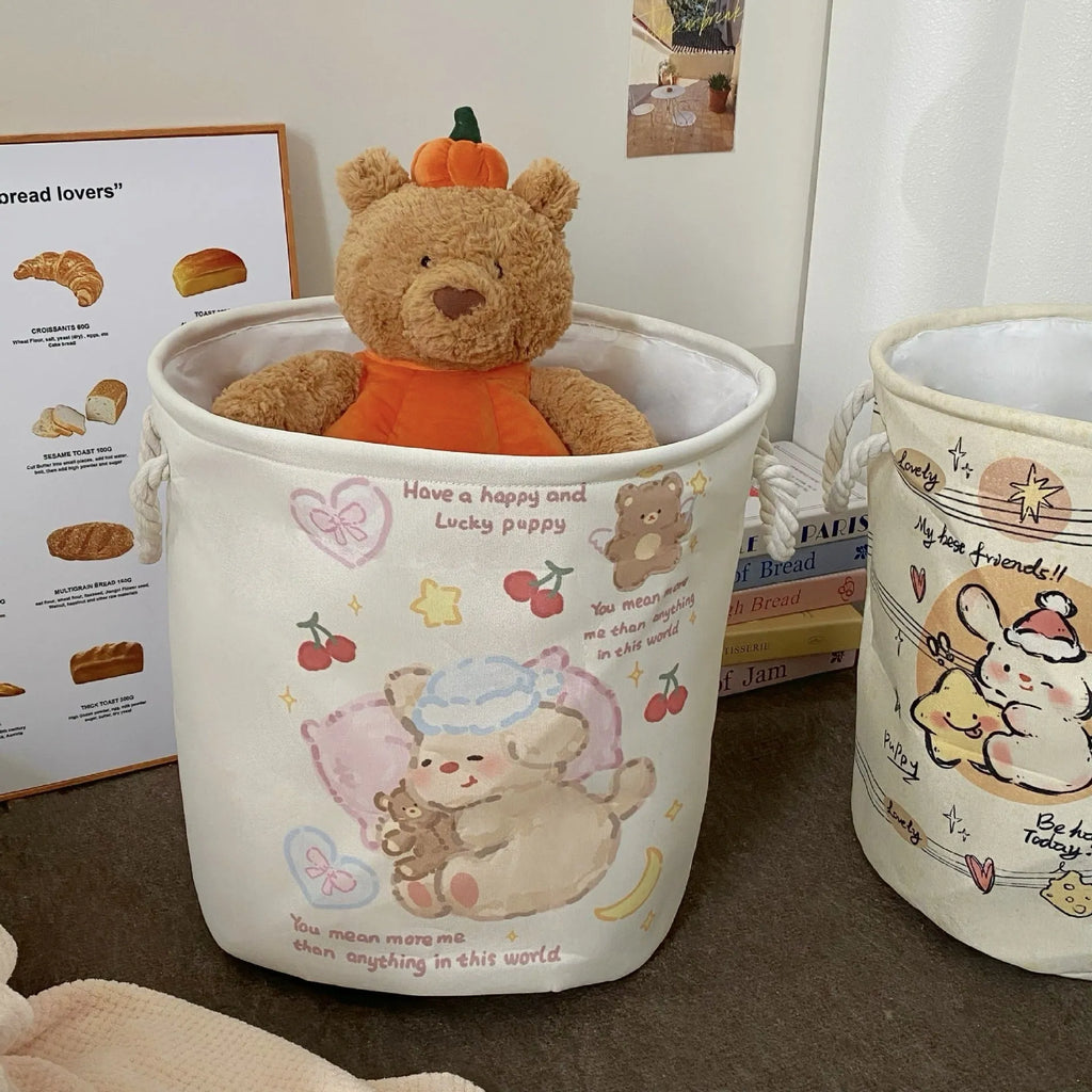 Foldable cotton cloth laundry basket in good night bear colour pattern showing large capacity design