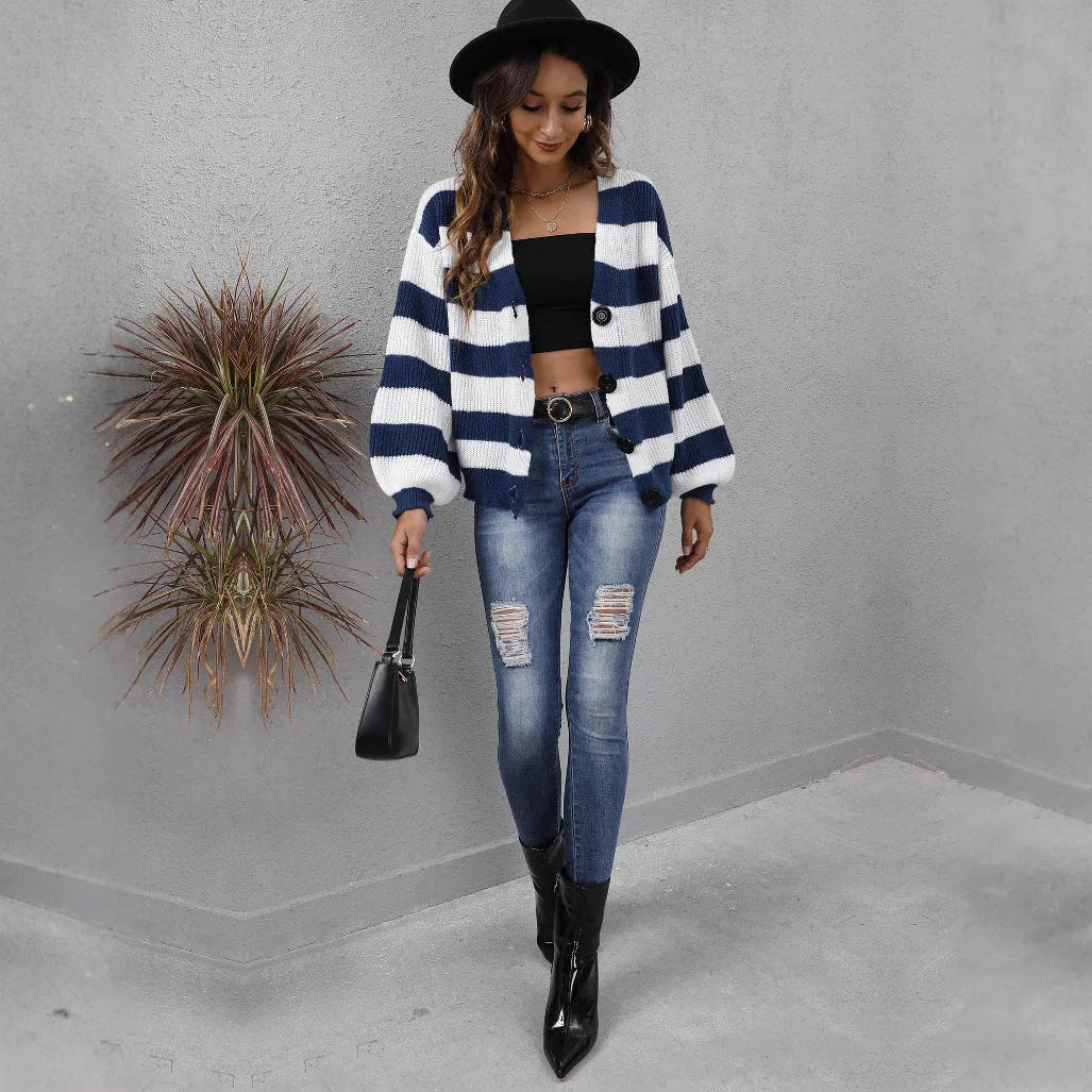 Women's striped cardigan in deer plush fabric with button front closure in blue colour