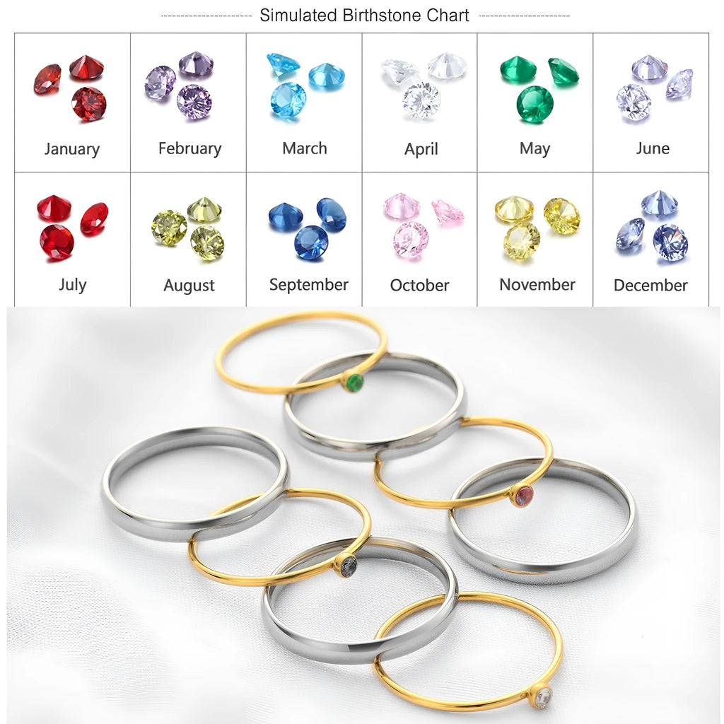 Titanium steel engraved ring with December birthstone and gold-plated steel lettering on geometric band