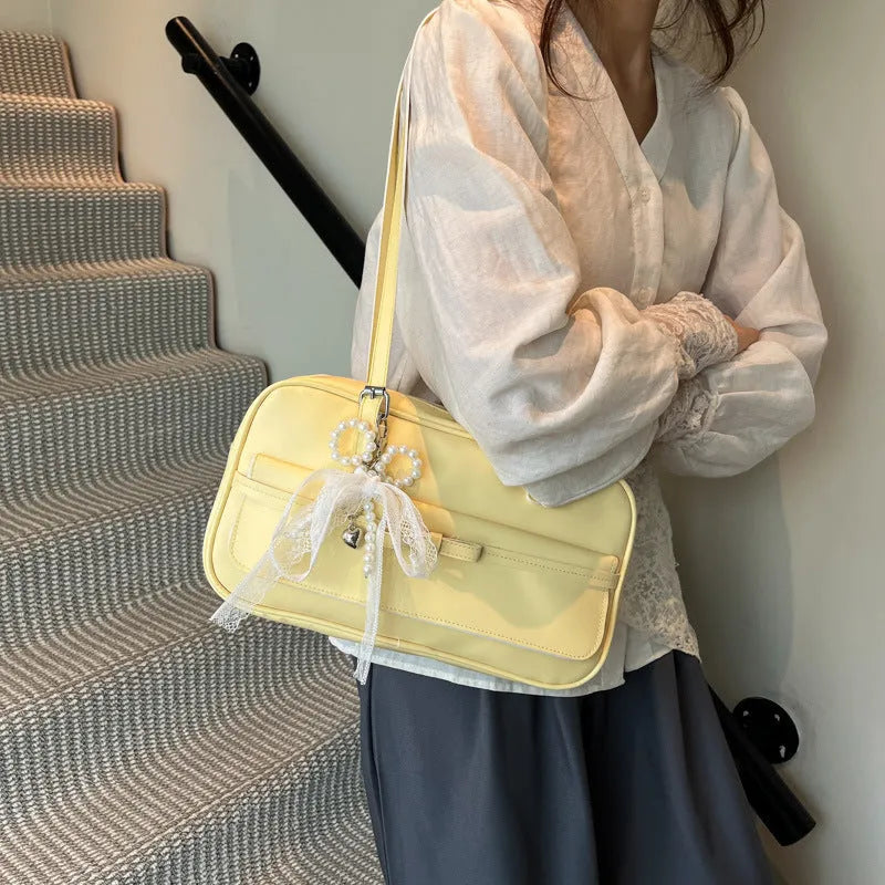 Women's PU leather single shoulder flap bag in horizontal square shape with mobile phone compartment