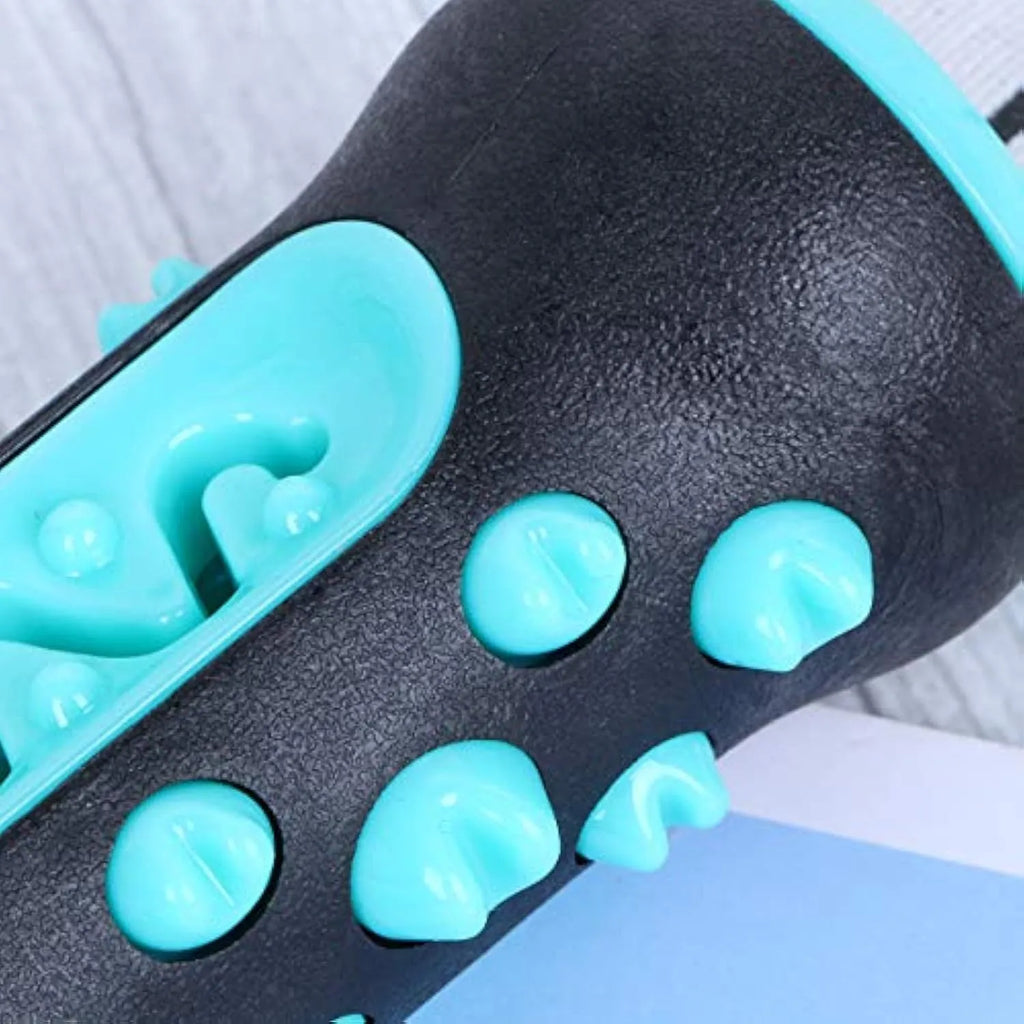 A natural rubber dog toothbrush chew toy in blue colour, showing its textured surface and stick shape.