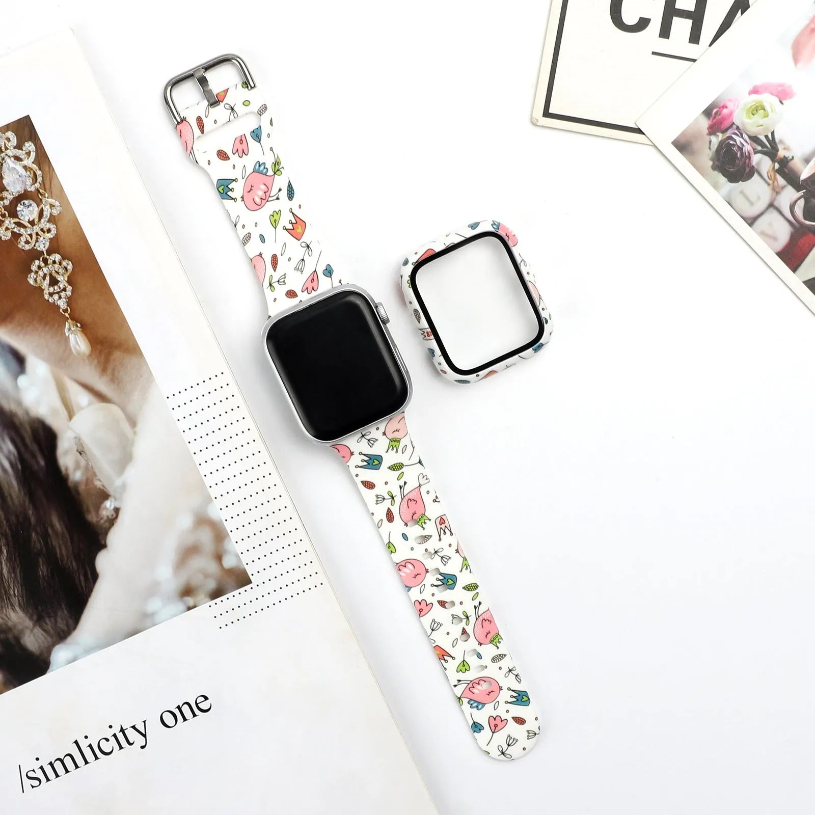 Printed silicone watch strap for Apple Watch showing various design options
