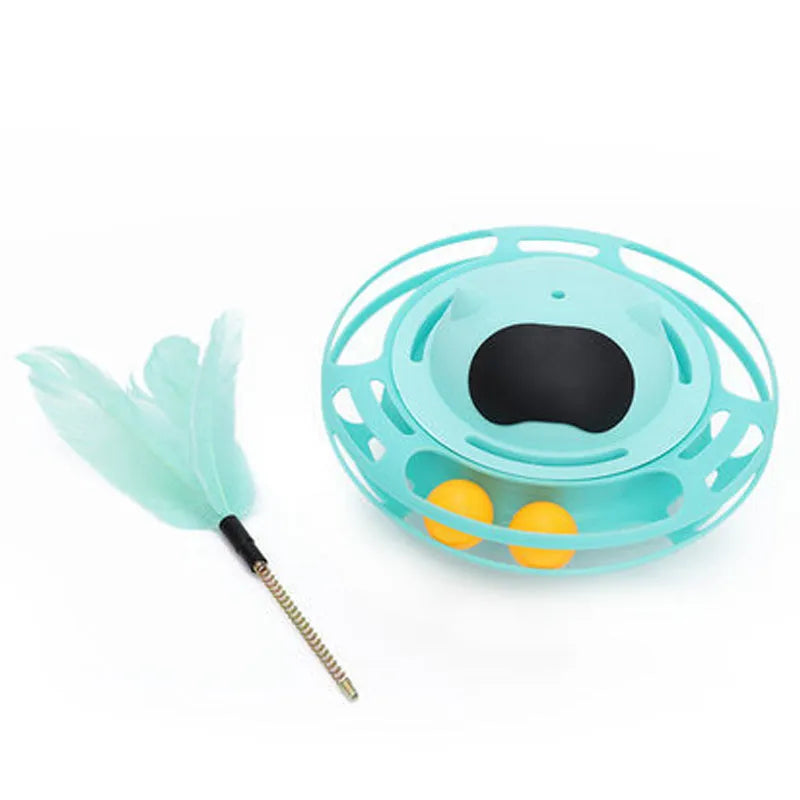 17cm diameter rotating cat toy turntable with ball attachment in pink, blue, yellow, and white colour options