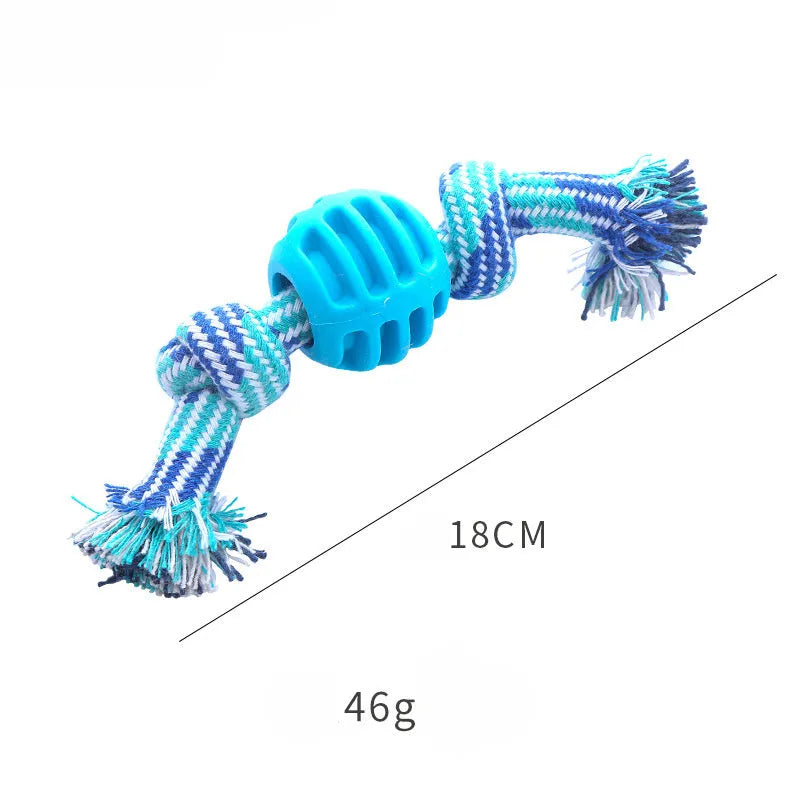Blue molar-shaped dog chew toy with white ropes for teeth cleaning