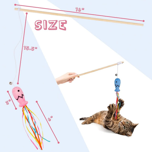 Cat wand toy with colourful ribbons, catnip fish attachment, and bell on wooden handle