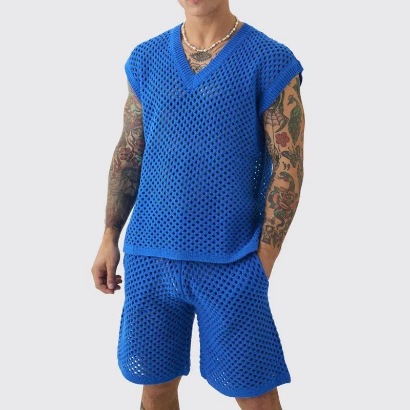 Men's blue knitted vest and shorts sports suit with V-neck design for summer athletic wear