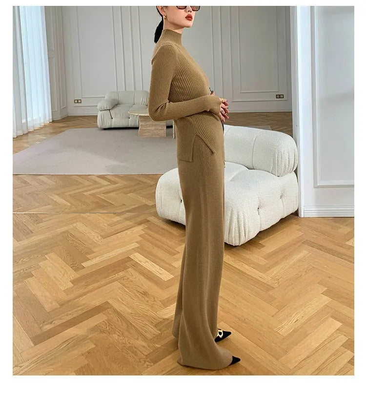 Women's knitted three-piece set showing sweater, cardigan, and wide-leg pants with leather stitching detail