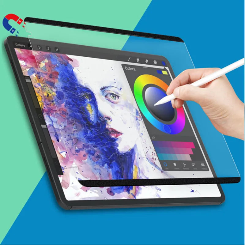 Magnetic detachable screen protector film for iPad tablets on a white background