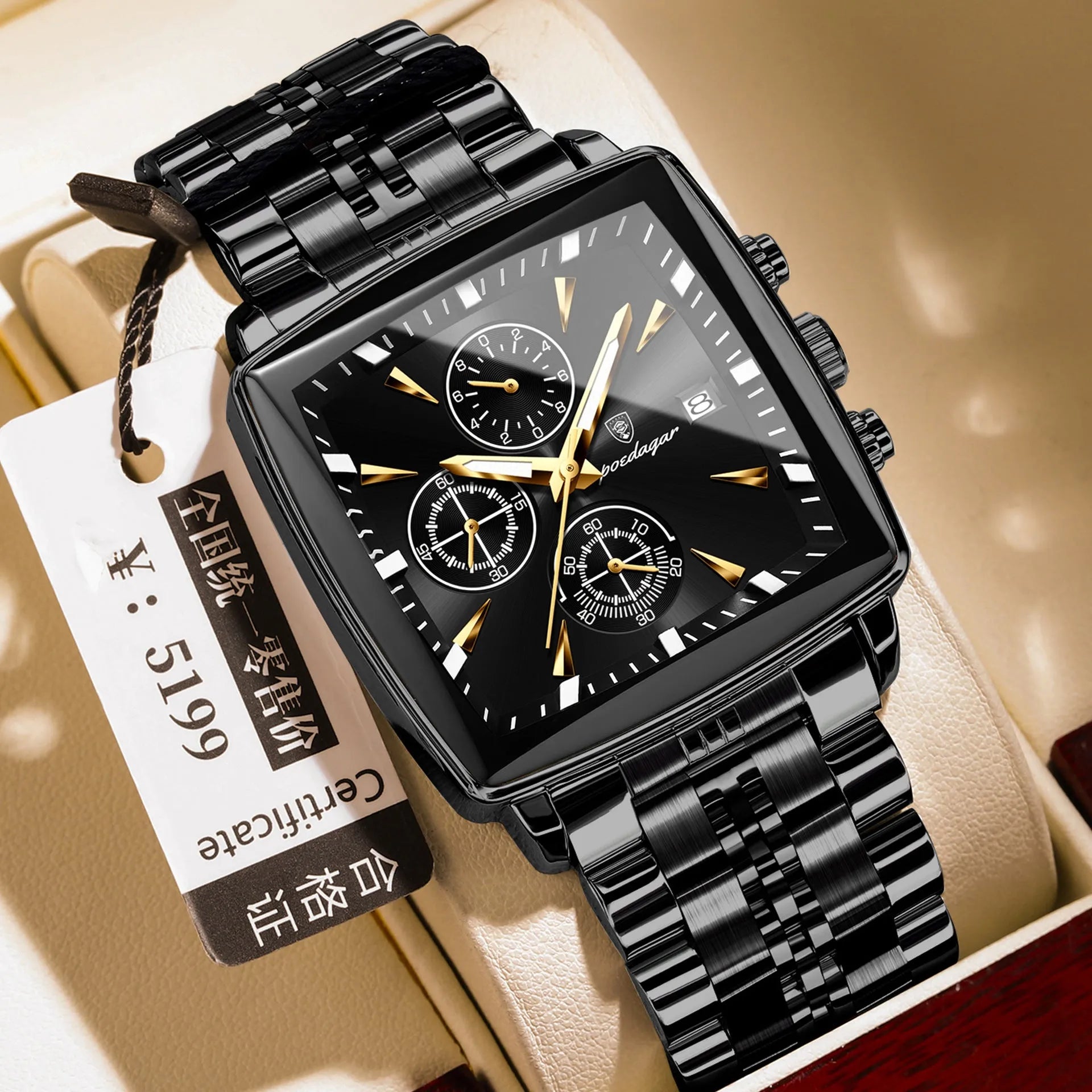Square men's business watch with stainless steel strap showing gold case with blue dial colour option
