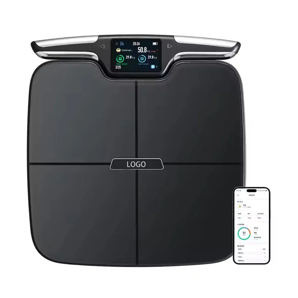 Black eight-electrode body fat smart scale on floor, showing tempered glass platform and stainless steel electrodes.