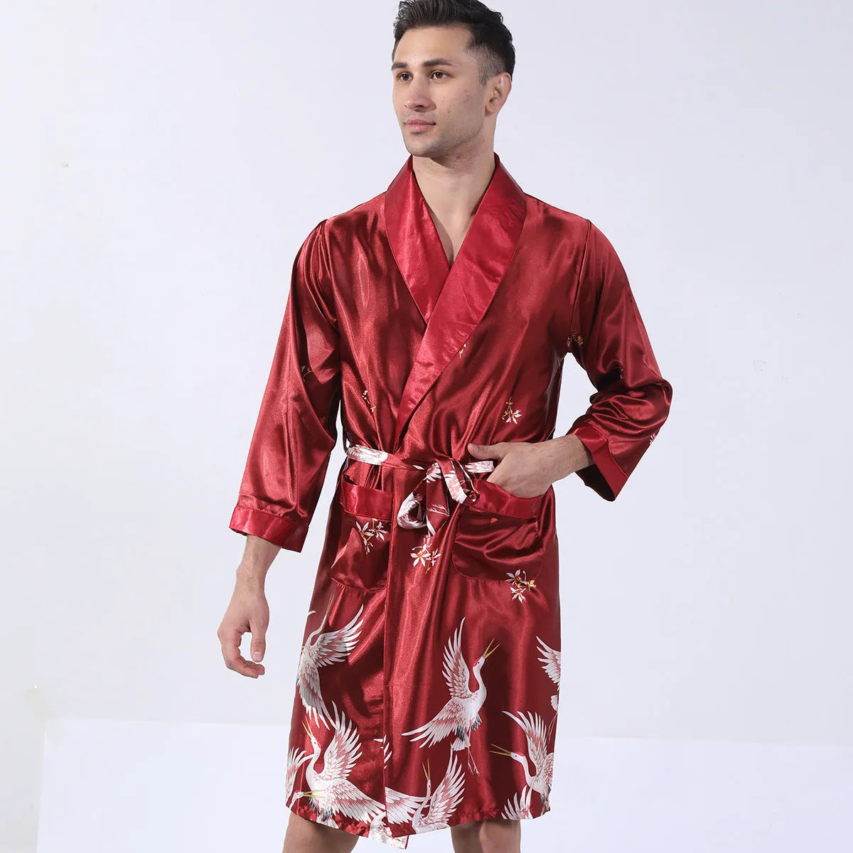 Men's lightweight rayon bathrobe for summer in various colour options showing simple construction