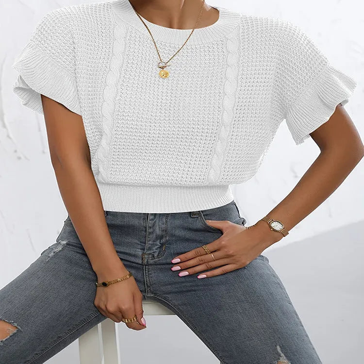 Loose fit knitted pullover sweater with ruffled short sleeves and twisted string design detailing