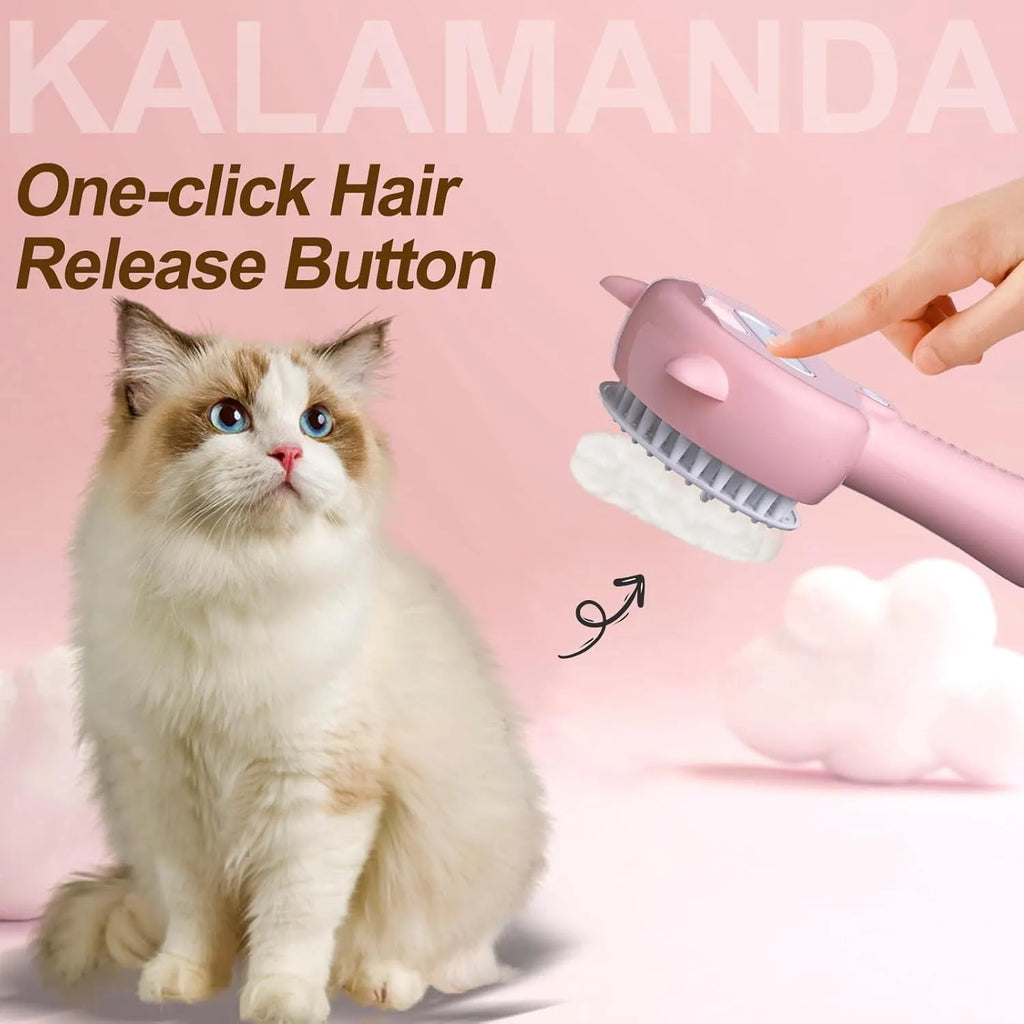 Blue cat steam brush with ergonomic handle, soft rubber bristles, and release button for pet grooming