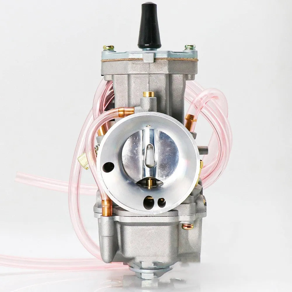 Sandblasted PWK motorcycle carburetor for performance modification, showing bore size options.
