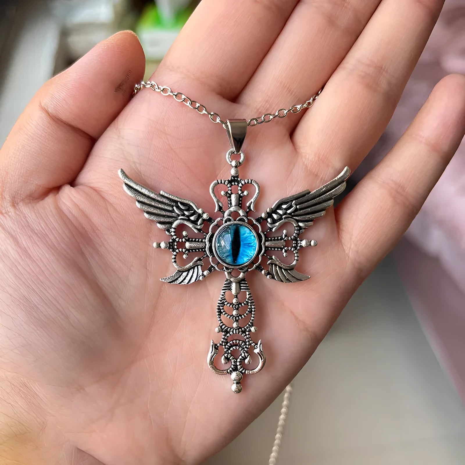 Creative geometric devil wings cross pendant necklace in alloy with multiple colour options