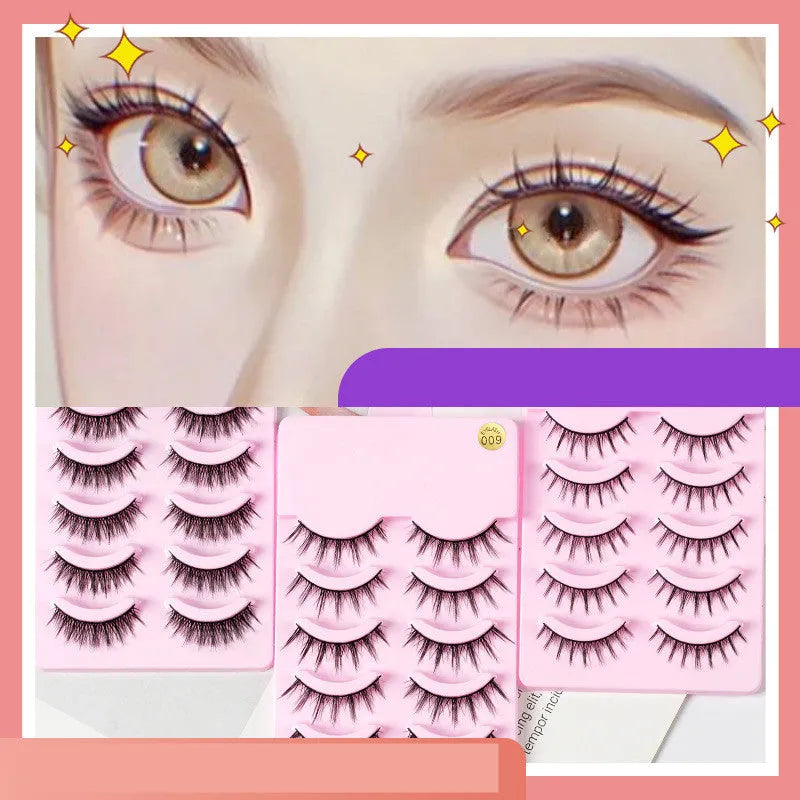 Five pairs of natural wispy false eyelashes on a card for manga anime cosplay and Korean style makeup.