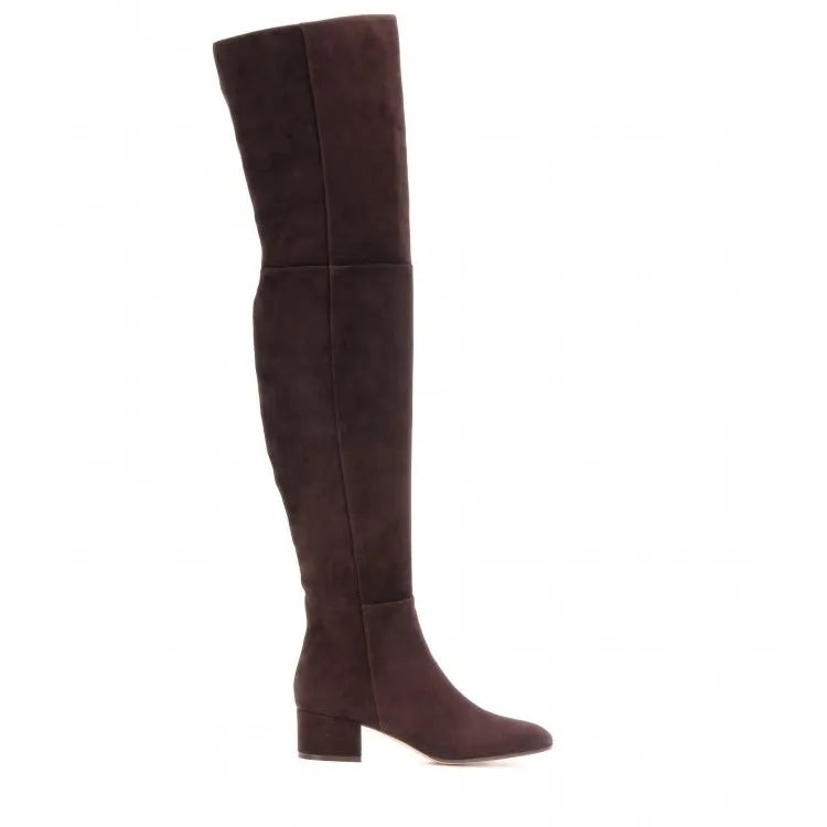 Women's grey suede over-the-knee flat boots with a pointed toe and thick low heel.