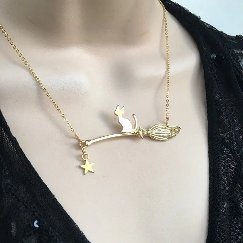 Alloy black cat pendant necklace with zodiac totem elements in gold or silver finish