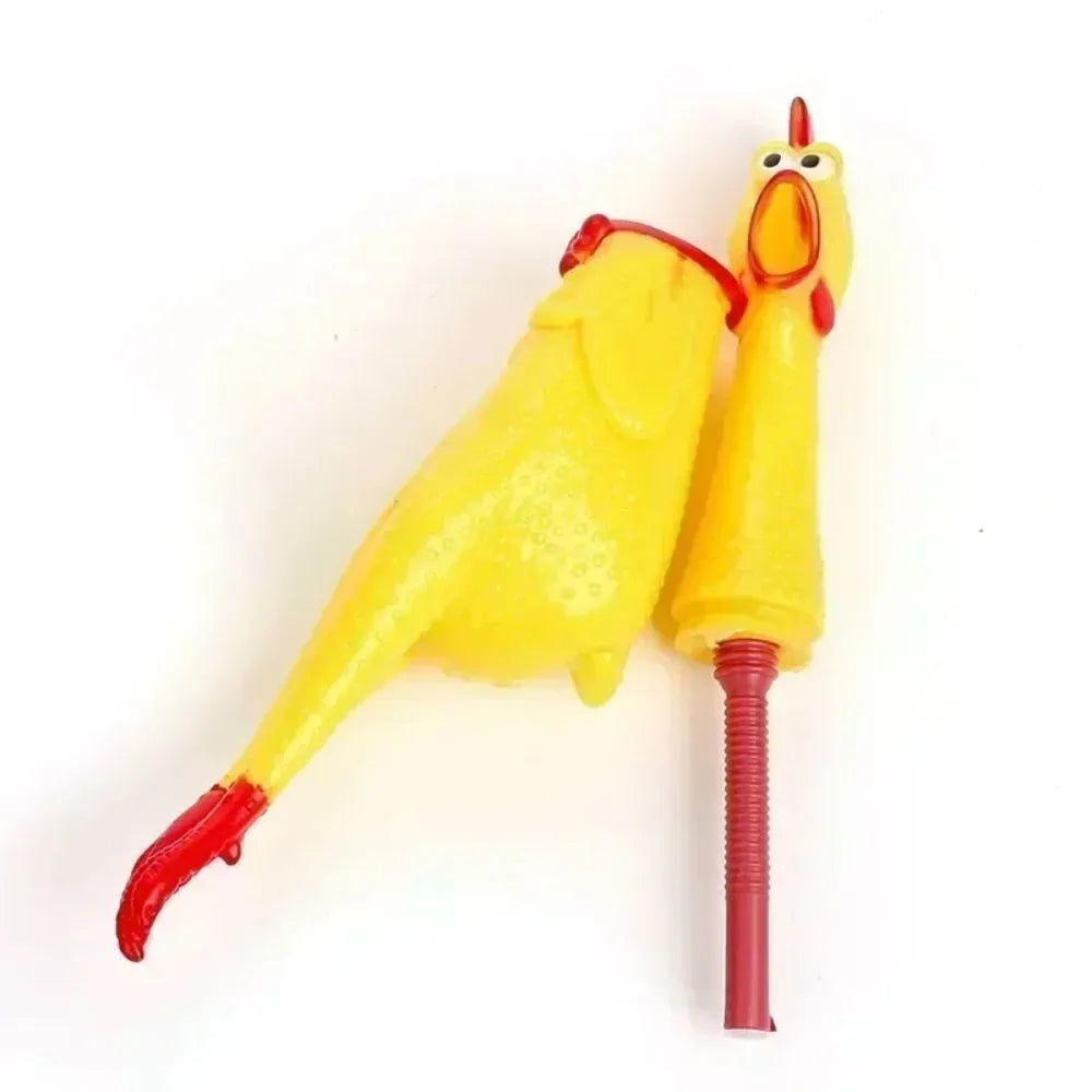 Yellow rubber screaming chicken dog toy shown in three sizes for different breed dogs