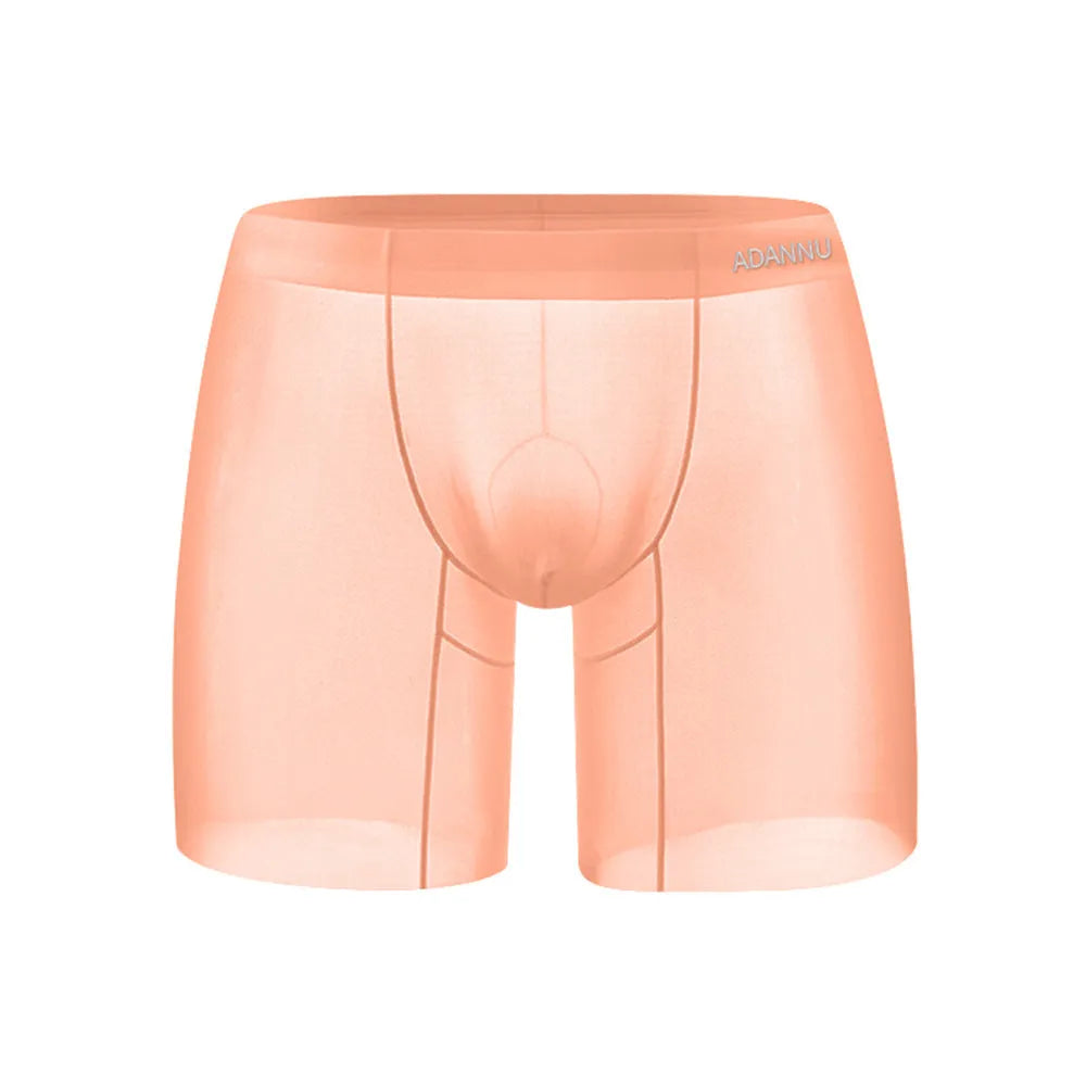 Men's seamless low-waist sports boxer shorts in orange nylon fabric.