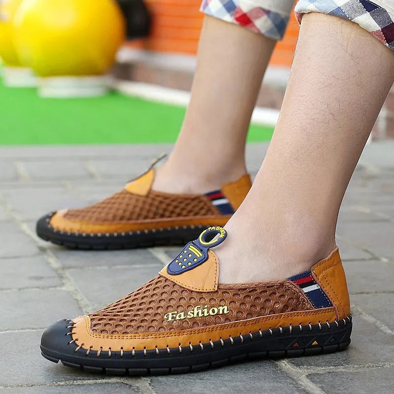 Men's brown casual mesh shoes with round toe, stitching detail, and a rubber sole.