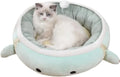Green chick-shaped cat bed shown both flat and hanging as a hammock for small pets.