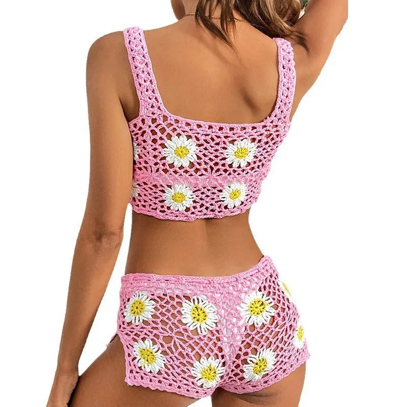 Light green flower pattern hollow yarn acrylic swimsuit bikini with matching top and pants