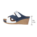 Women's wedge platform slippers with Velcro straps in two-tone colour options showing fish mouth toe shape