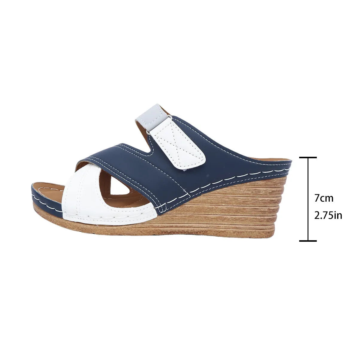Women's wedge platform slippers with Velcro straps in two-tone colour options showing fish mouth toe shape