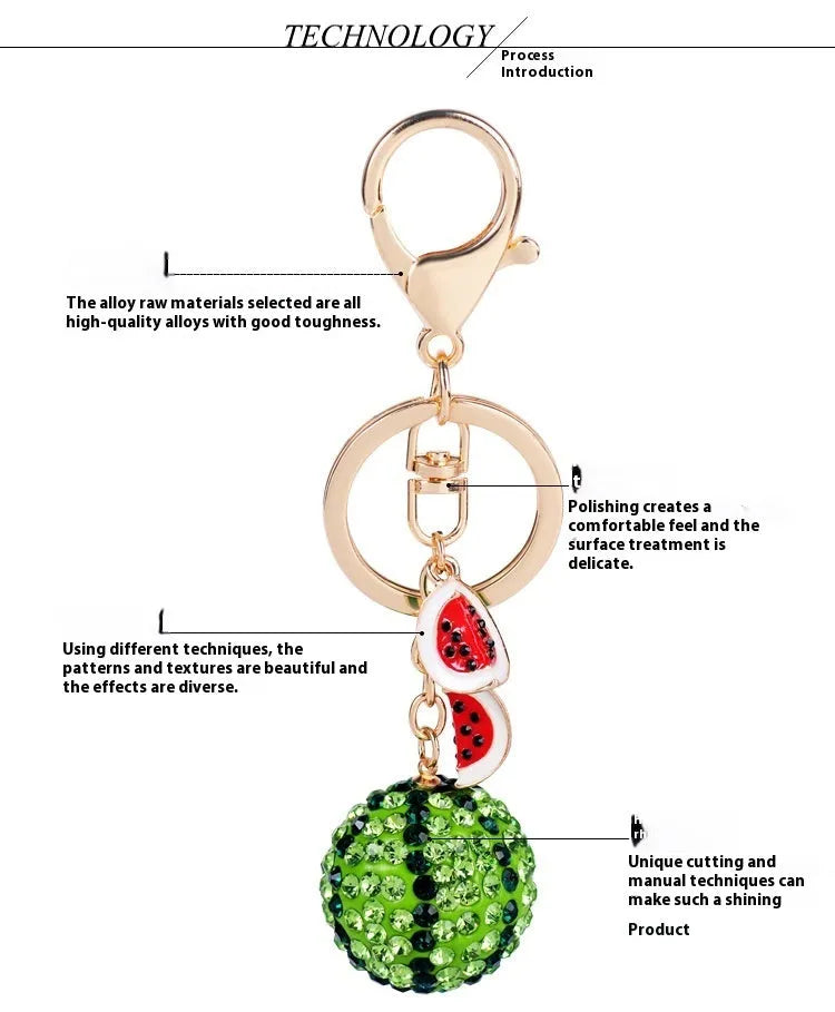 Green watermelon-shaped metal keychain measuring 12cm, made from zinc alloy