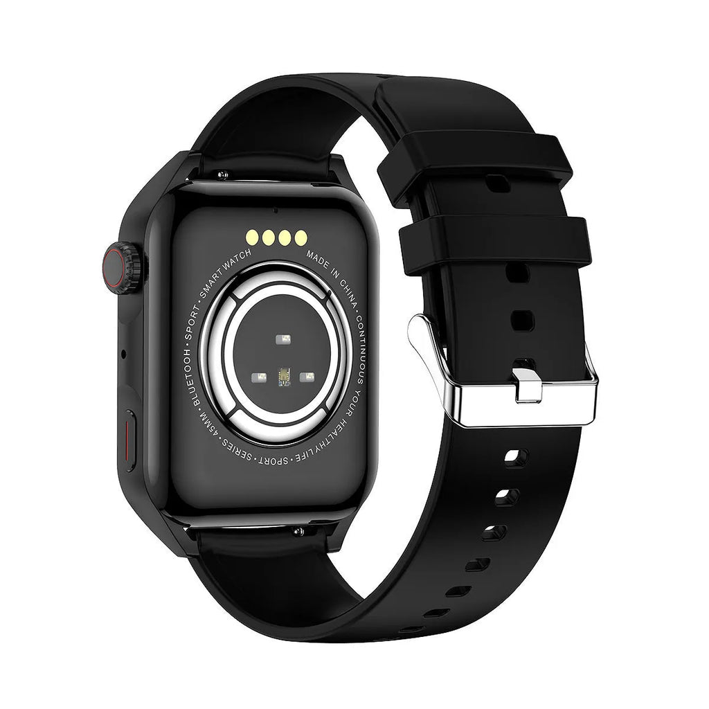 Smart watch with AMOLED touch screen and silicone strap showing multiple dial display options