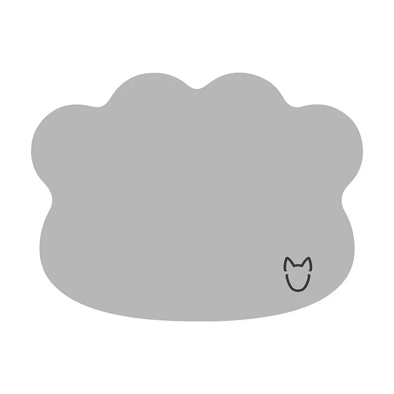 Ice silk dog cooling mat with dog head profile pattern in dark gray, non-slip base, shown on a wooden floor.