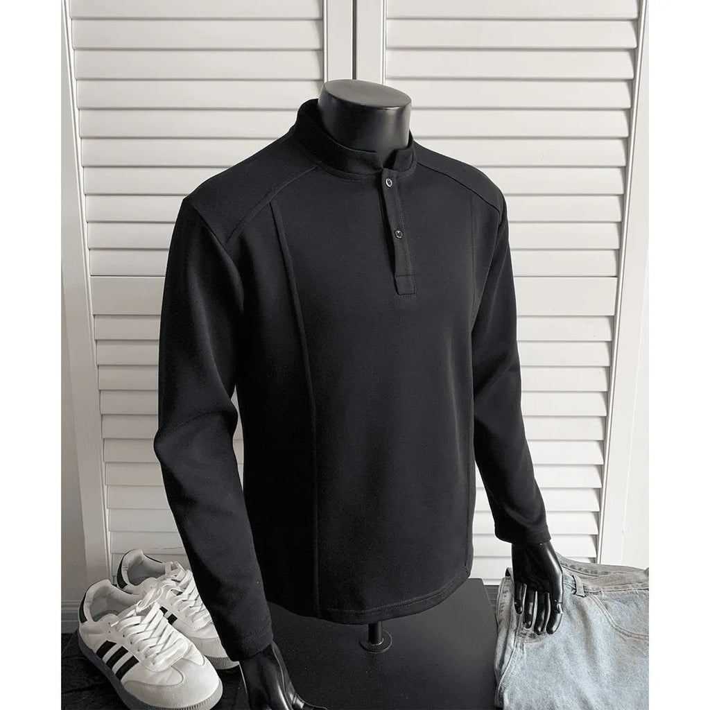 Men's loose fit asymmetric patchwork polo shirt with stand-up collar in heather gray.