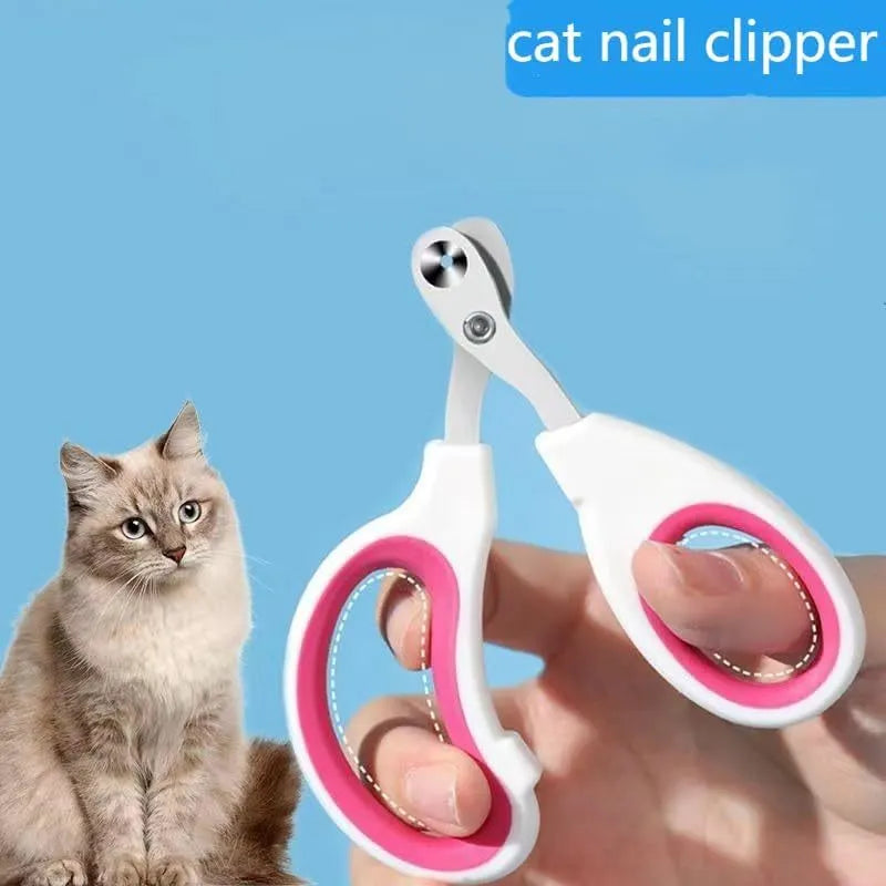 Blue cat nail clippers with a circular cutting hole and cushioned non-slip handle on a white background.